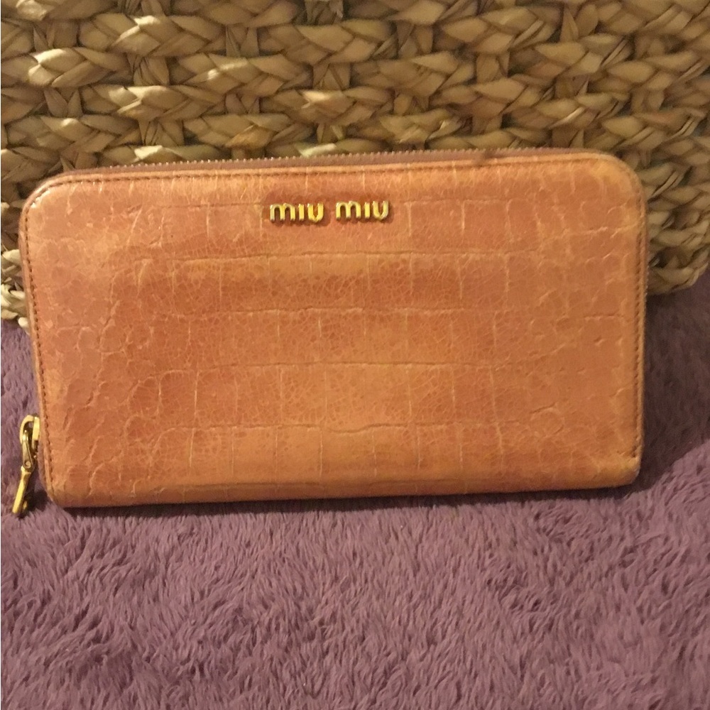 MUI MUI Crocodile Embossed Leather Long Zipper Wallet